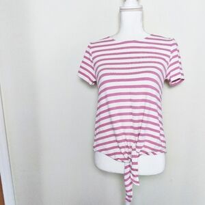 Marled Pink and White Tie Front Button Detail Top